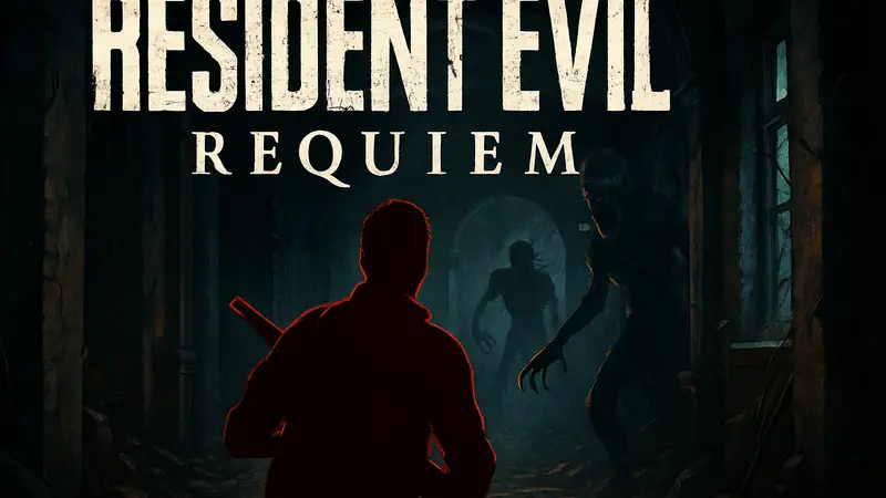 Логотип Resident Evil Requiem с изображением главного героя, готового к сражению с монстрами в тёмном коридоре.