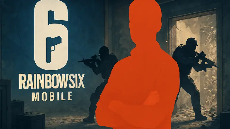 Разработчик Оливье Альбаррасин на фоне логотипа Rainbow Six Mobile с элементами тактического шутера.