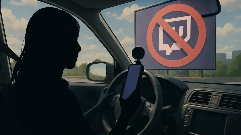ExtraEmily ведет стрим из автомобиля, фон содержит логотип Twitch, символизирующий бан за вождение.