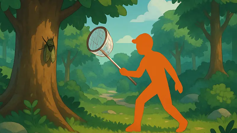 Игровой персонаж ловит цикаду в лесу Heartopia сетью, показывая процесс охоты на насекомых.