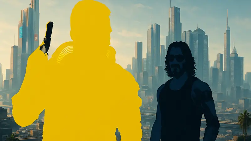 Обложка игры Cyberpunk 2077 с Ви и Джонни Сильверхендом, на фоне Найт-Сити.