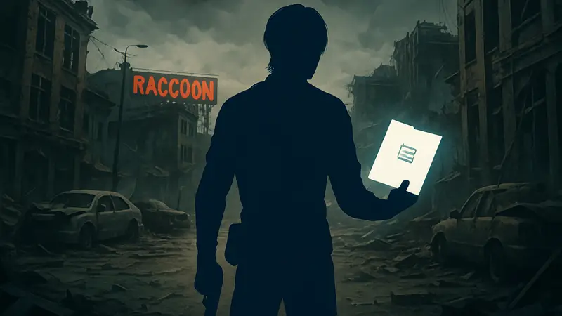 Леон Кеннеди в разрушенном Raccoon City, ищет секретные файлы в Resident Evil Requiem.