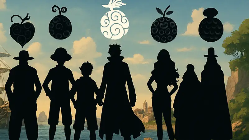 Иллюстрация персонажей из аниме One Piece с символами Дьявольских плодов.