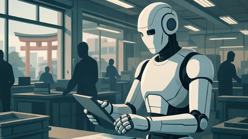 Робот-гуманоид выполняет рутинную работу в японском офисе или на производстве, символизируя автоматизацию труда.