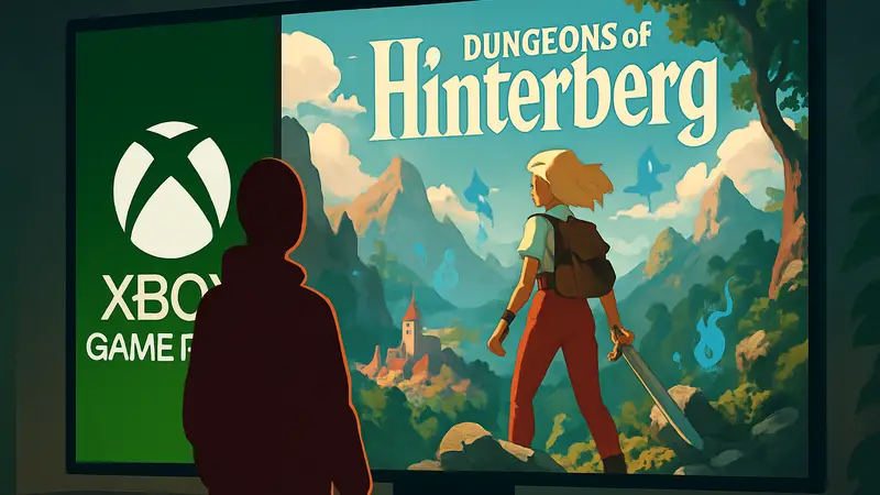 Логотип игры Dungeons of Hinterberg и обложка на фоне Xbox Game Pass