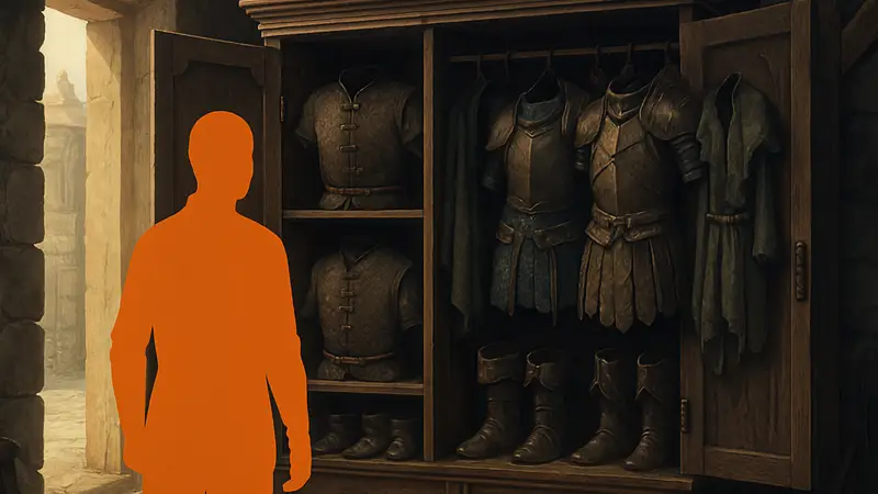 Гардероб в игре Crimson Desert, заполненный различными предметами одежды и брони.