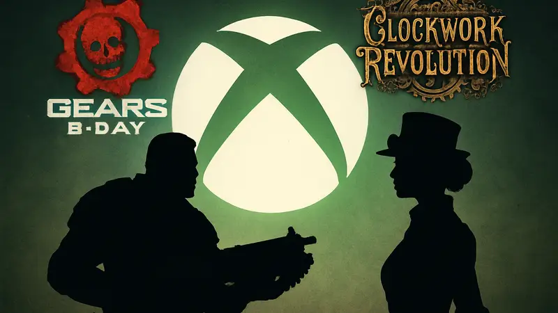 Логотипы игр Gears of War: E-Day и Clockwork Revolution на фоне символики Xbox.