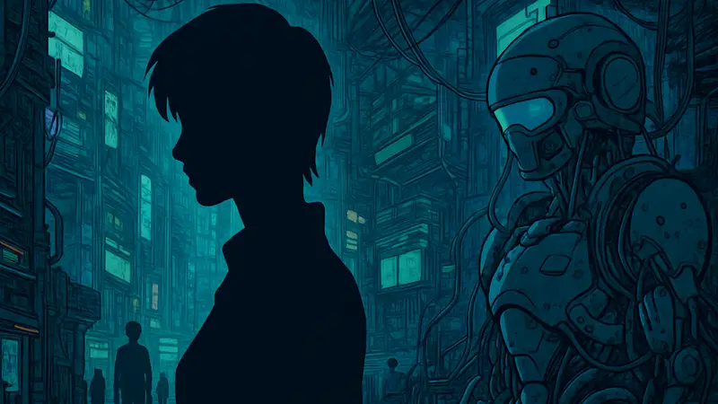 Обложка киберпанк-манги или изображение в стиле Ghost in the Shell, намекающее на научно-фантастические сюжеты