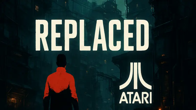 Логотип игры REPLACED на тёмном фоне с киберпанк-элементами и надписью Atari.