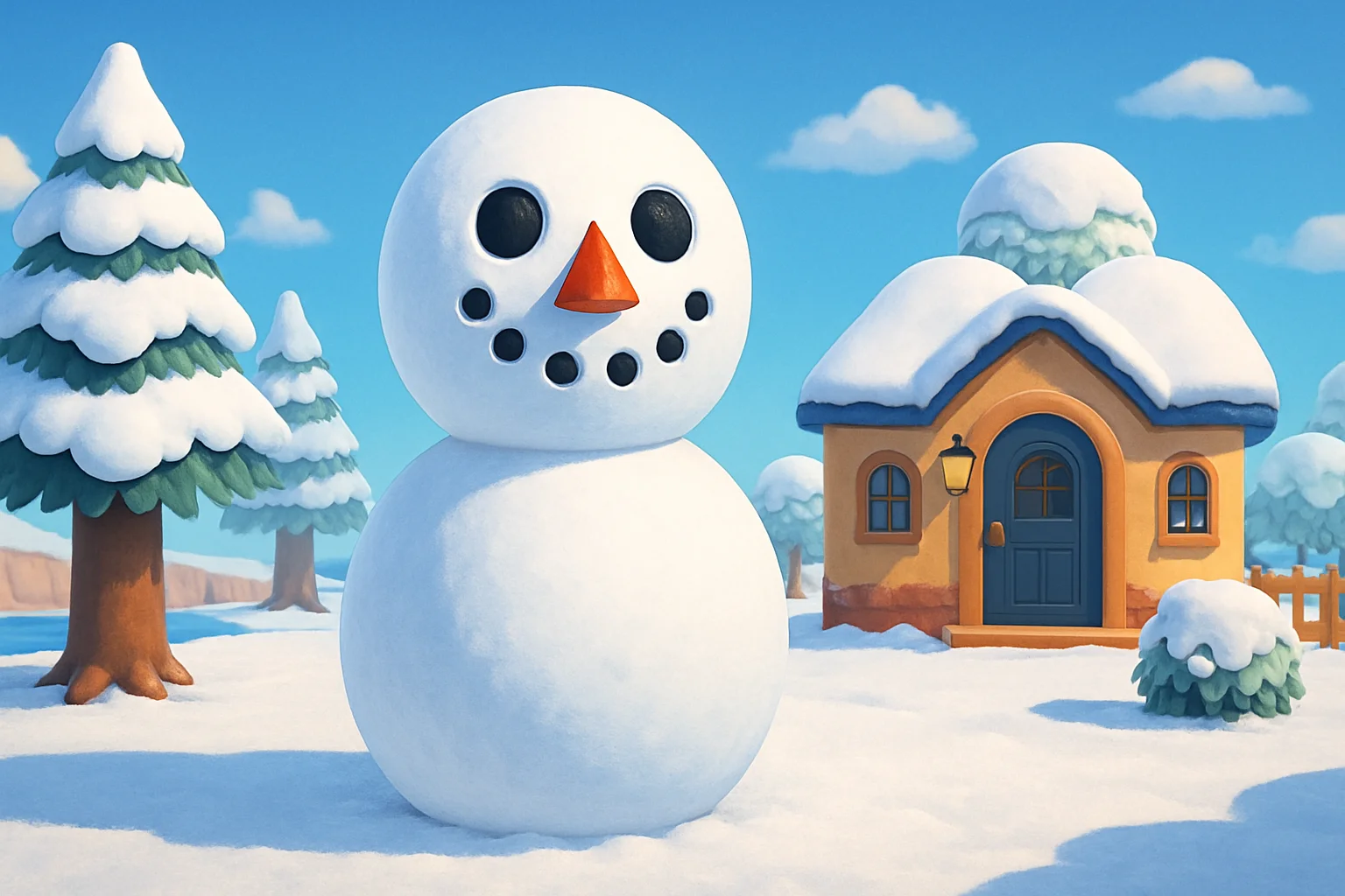 Идеальный Снеговик (Snowboy) в Animal Crossing New Horizons на фоне заснеженного острова