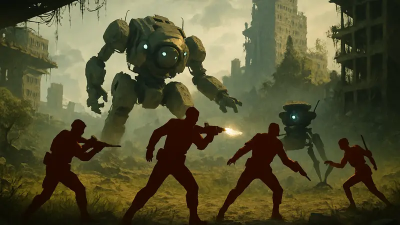 Игровой скриншот Arc Raiders с персонажами, сражающимися с роботами в постапокалиптическом мире