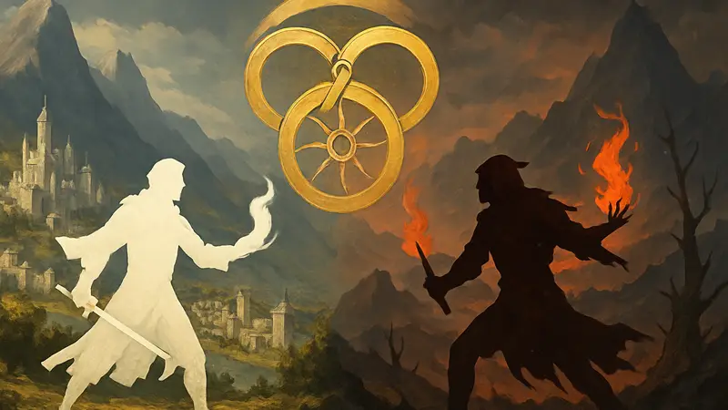 Обложка настольной игры «Wheel of Time: War for the Dragon» с изображением противостояния Света и Тени.