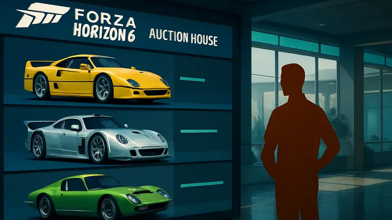 Скриншот из Forza Horizon 6 с аукционным домом, на котором продаются несколько редких автомобилей.