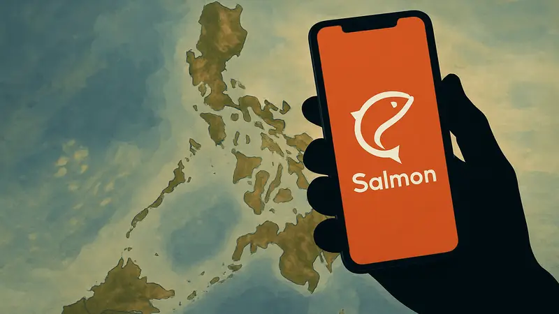 Рука, держащая смартфон с логотипом Salmon, на фоне карты Филиппин.