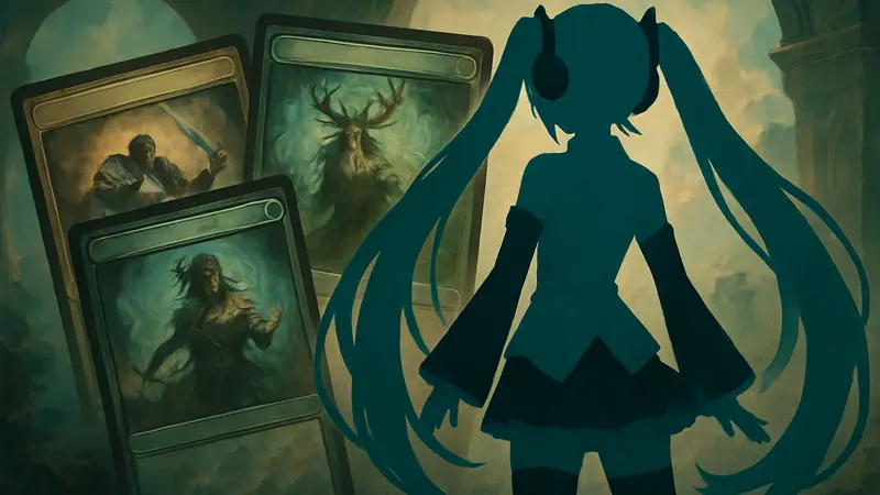 Изображение Хатсуне Мику в стиле Magic: The Gathering, на фоне карт MTG Commander