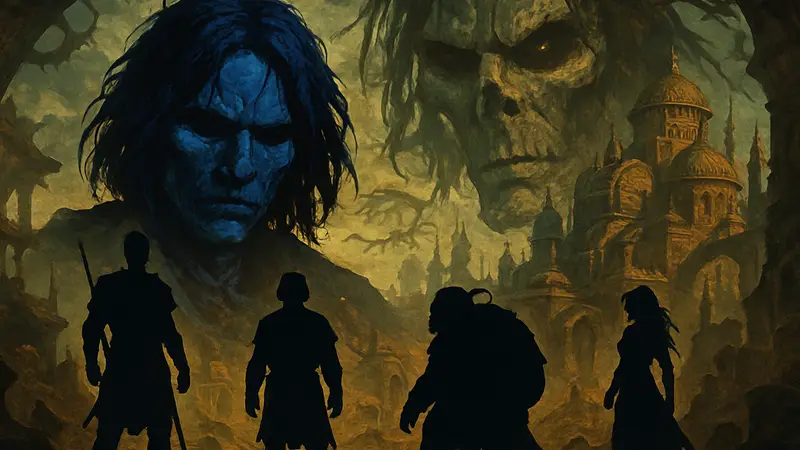 Обложка или скриншот Planescape: Torment, персонажи игры на фоне фэнтези мира D&D.