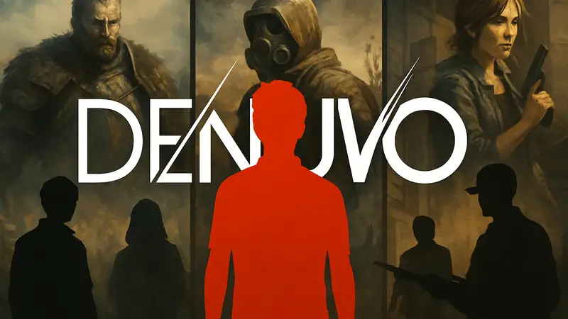 Логотип Denuvo на фоне обложек взломанных игр