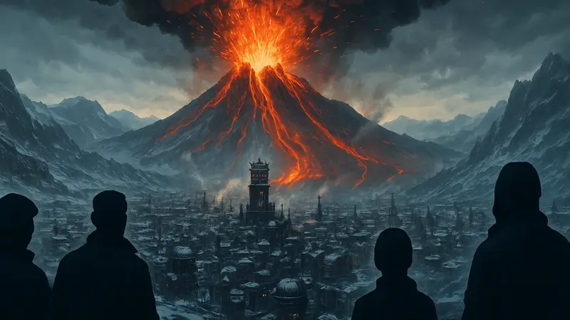 Игровой скриншот Frostpunk 2 с извергающимся вулканом на фоне города