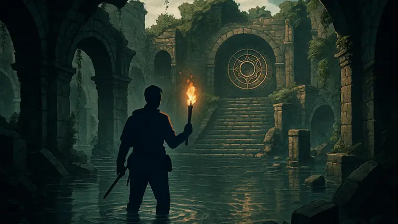 Игрок исследует затопленные руины Haunted Hill, решая головоломку в Crimson Desert