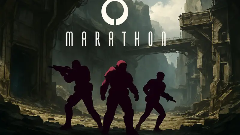 Логотип игры Marathon и иллюстрация из шутера