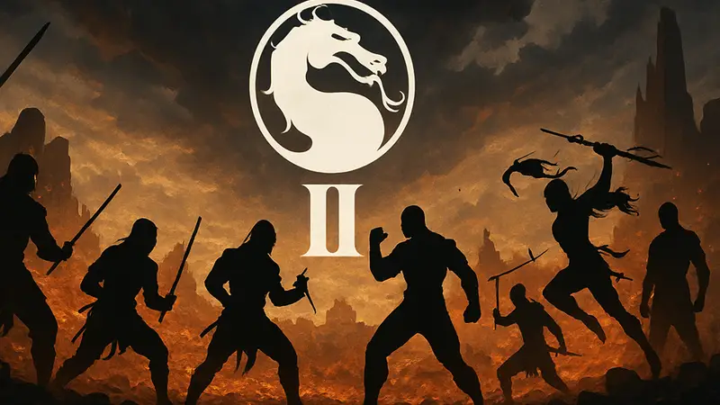 Логотип фильма Mortal Kombat II на фоне эпической битвы с участием новых персонажей франшизы