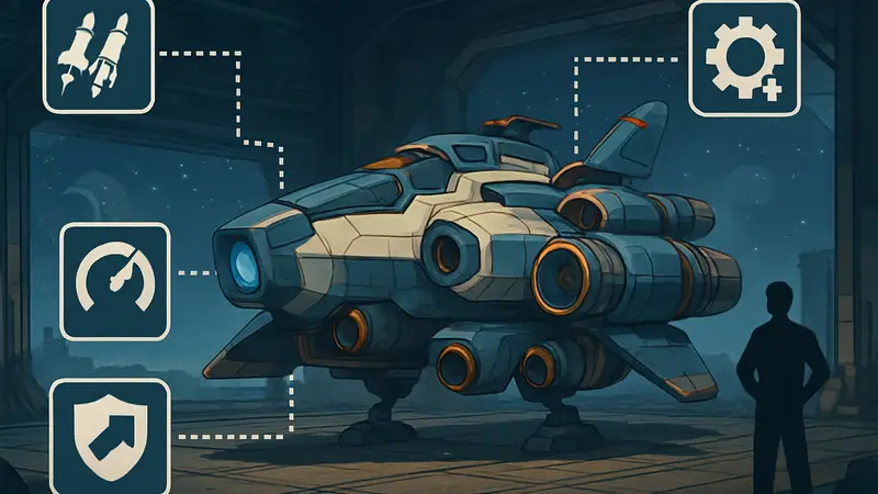 Космический корабль из Windrose с улучшениями, схема апгрейдов.