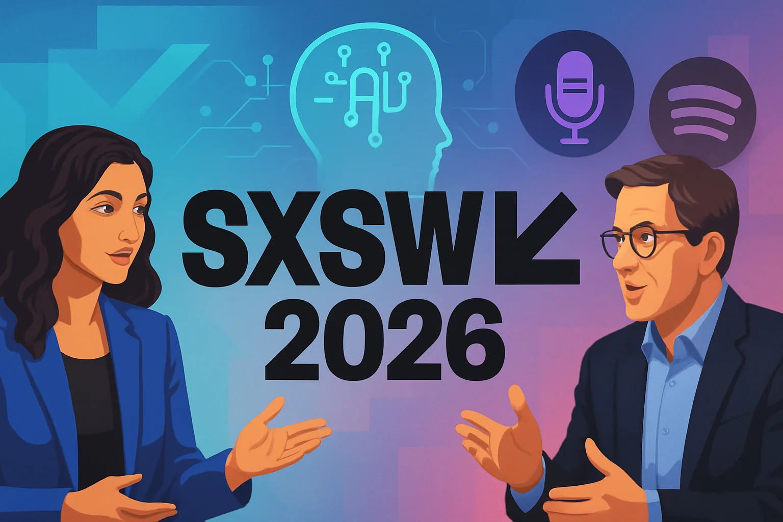 Логотип SXSW 2026 на фоне изображения спикеров конференции, обсуждающих ИИ и технологии.