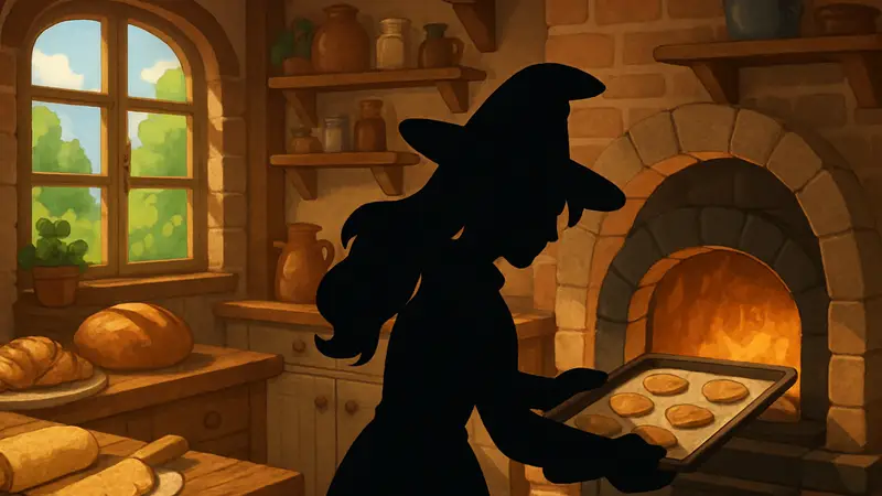 Персонаж-ведьма печёт выпечку в игре The Witch's Bakery, уютная игровая графика