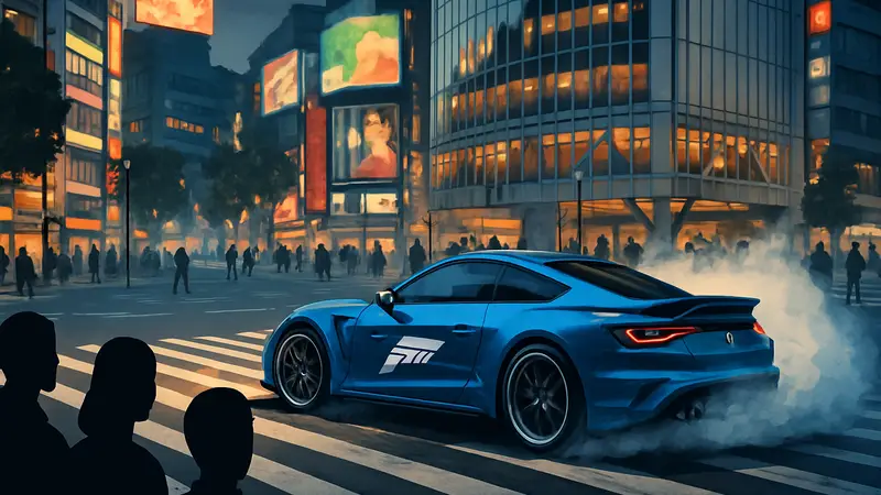 Автомобиль дрифтует на знаменитом перекрестке Сибуя в Forza Horizon 6, демонстрируя навыки дрифта.