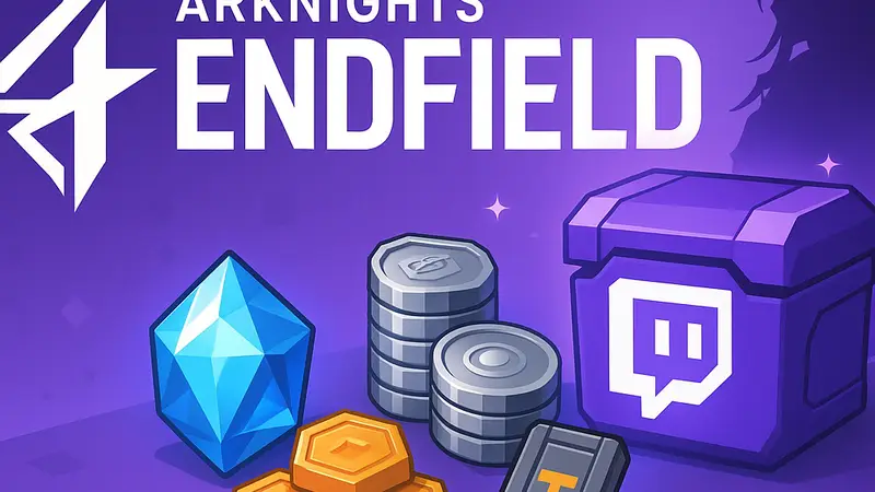 Логотип Arknights: Endfield на фоне элементов Twitch Drops с внутриигровыми бонусами.
