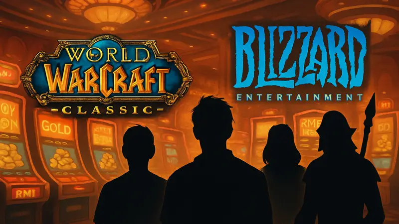 Игроки WoW Classic и логотип Blizzard на фоне казино с RMT-предложениями.