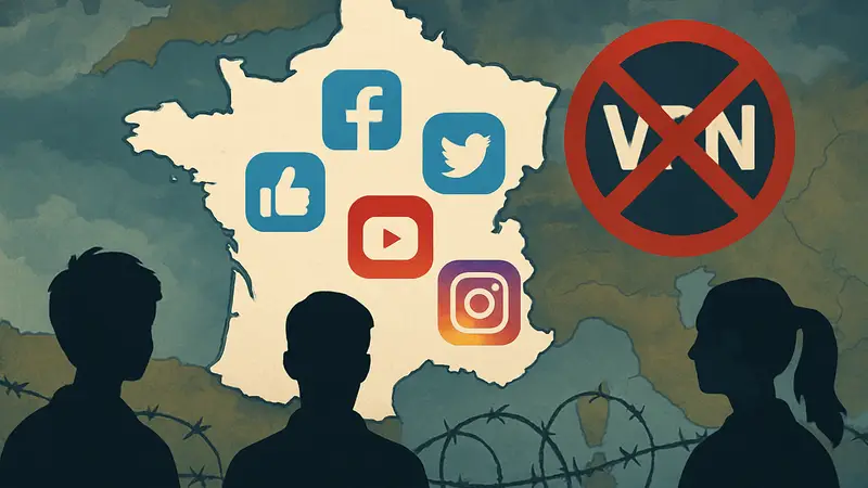 Карта Франции с иконками соцсетей и перечеркнутым VPN, символизирующие ограничения интернета и цифровую цензуру.
