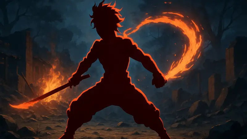 Танджиро Камадо в своей новой, усиленной форме из аниме Demon Slayer, готовящийся к битве.
