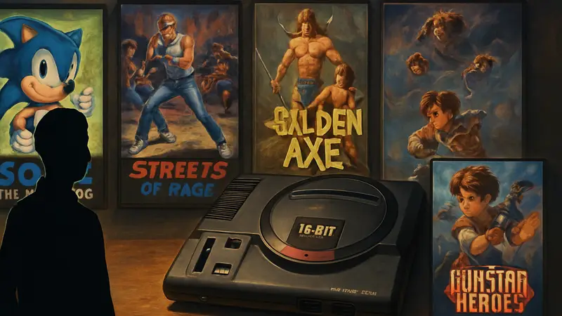 Ретро-консоль Sega Genesis и обложки культовых игр, повлиявших на гейминг.
