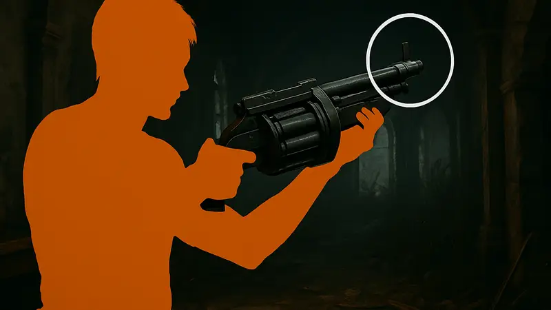 Игровой скриншот "Пушки Реквием" из Resident Evil с указанием недочёта.