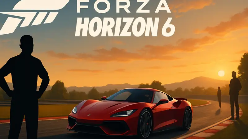 Логотип Forza Horizon 6, спорткар на гоночной трассе на закате