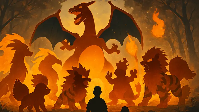 Семь огненных покемонов из региона Канто, включая Чаризарда и Найнтейлс, сражаются вместе.