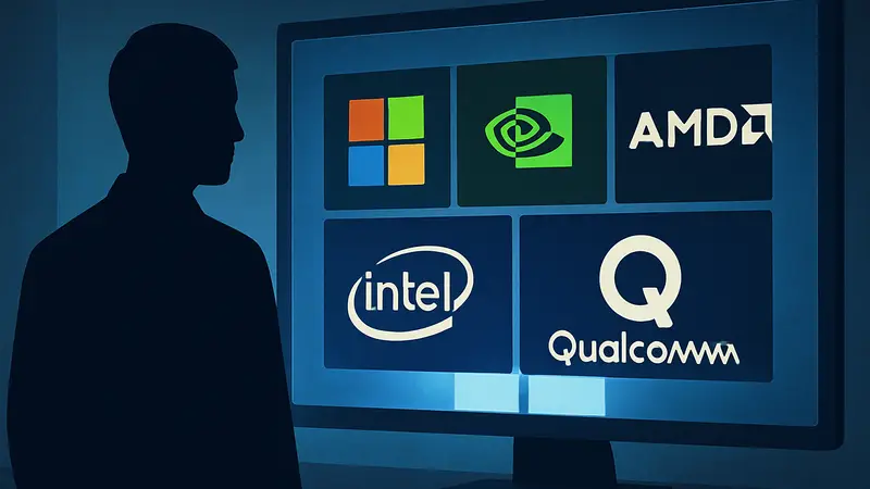 Логотипы Microsoft, Nvidia, AMD, Intel и Qualcomm на фоне Windows