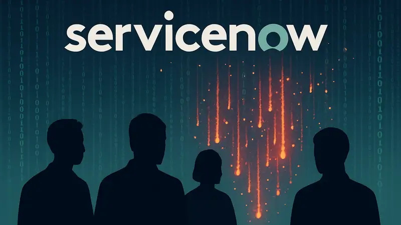 Логотип ServiceNow на фоне цифровых данных, символизирующих утечку информации