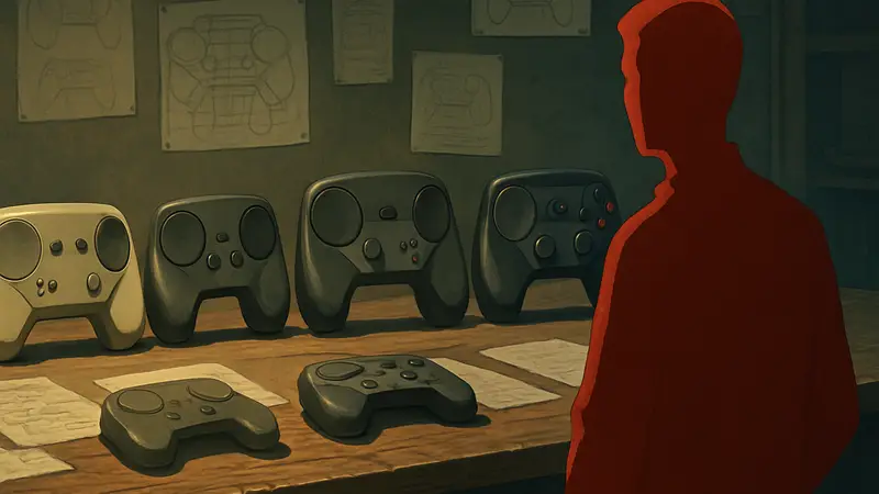 Прототипы Steam Controller, показывающие эволюцию дизайна и раскладки кнопок во время разработки.