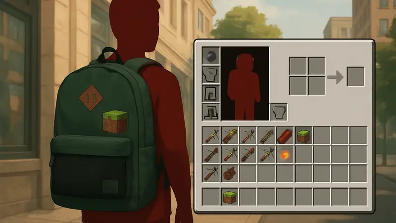 Рюкзак Herschel с символикой Minecraft и скриншот инвентаря в игре после обновления.