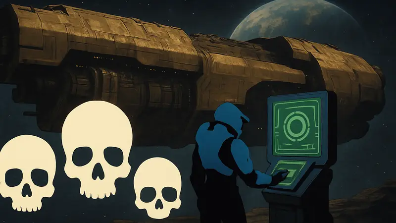 Изображение черепов и терминала из игры Halo Campaign Evolved на фоне корабля Pillar of Autumn.