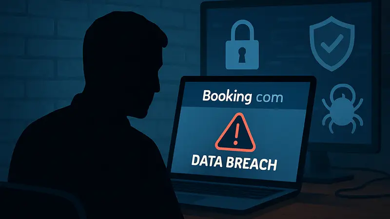 Уведомление об утечке данных Booking.com на экране компьютера, рядом с символами кибербезопасности.