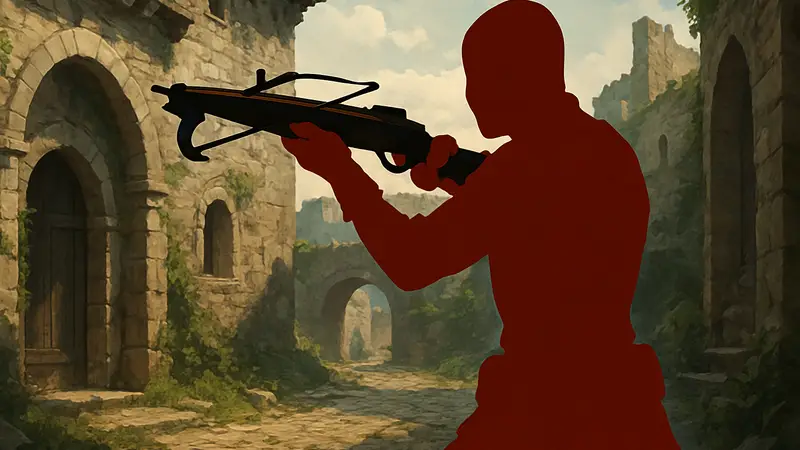 Игровой персонаж Half Sword с арбалетом в руках, прицеливающийся в цель.