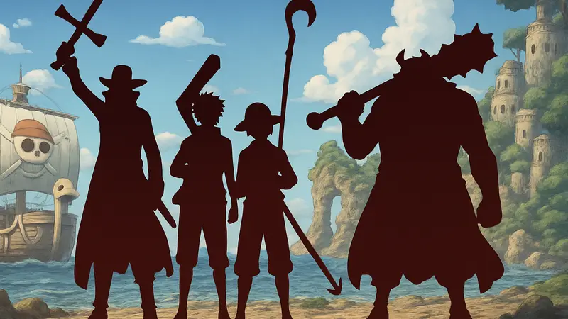 Обложка манги One Piece или изображение персонажей с мощным оружием