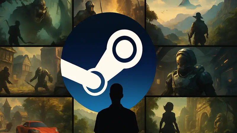Логотип Steam на фоне изображений множества игр, символизирующих распродажу.