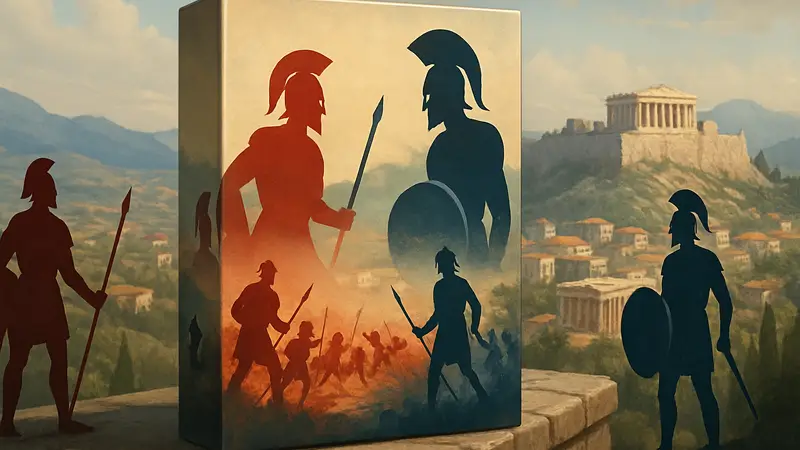 Изображение коробки настольной игры «Полис» на тему Пелопоннесской войны со Спартой и Афинами.