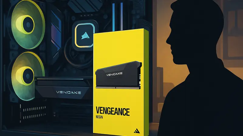 Новая упаковка оперативной памяти Corsair Vengeance DDR5 на фоне игрового ПК