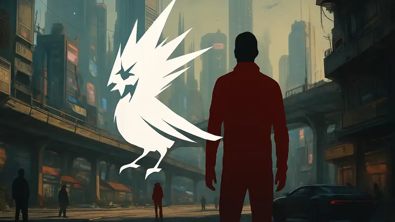Логотип CD Projekt Red на фоне концепт-арта Cyberpunk 2077.