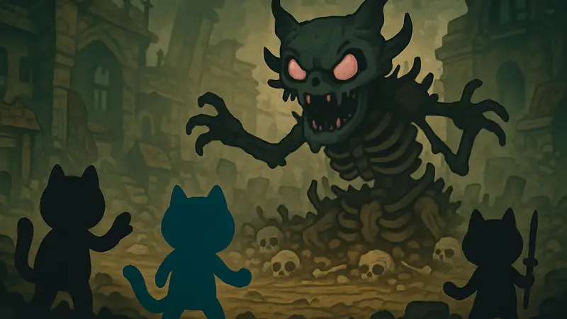 Mewgenics: кадр боя с финальным боссом Дыббуком, демонстрирующий стратегическую сложность.